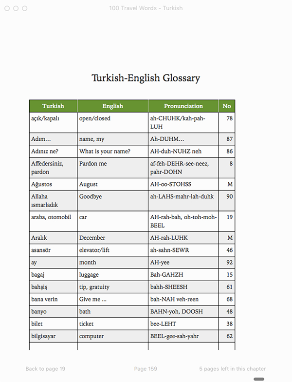 100 Travel Words - Turkish - English Glossary